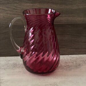Vintage Studio Art Glass Handblown Red Swirled Applied Handle 7" Pitcher 40oz
